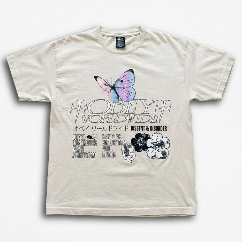 Obey Worldwide Dissent & Disorder Butterfly Graphic T-Shirt Mens Small Cream